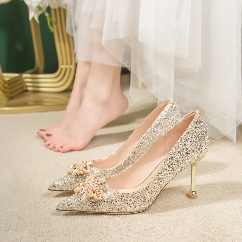 Crystal wedding shoes for women 2023 New Golden Xiuhe main wedding dress two-way bridesmaid high heels bridal shoes not tired feet