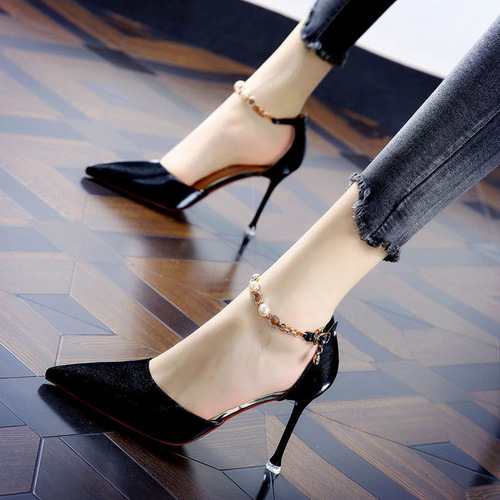 Pointed-toe high-heeled shoes for women  summer new style hollow sandals stiletto burgundy single shoes one-line buckle high-heeled sandals