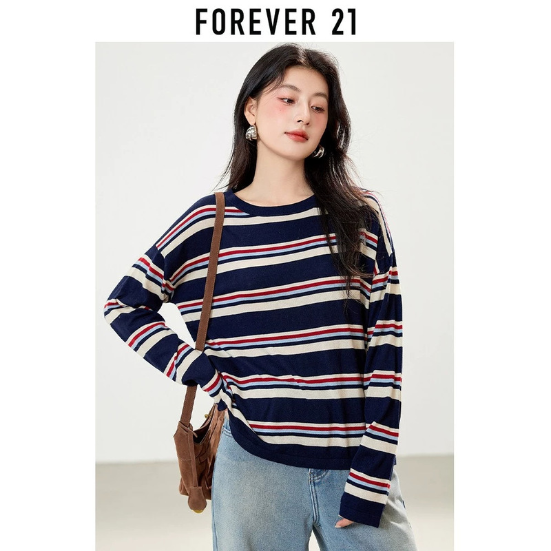 Forever 21 Korean-style casual striped crew neck knit sweater for women, autumn vintage loose versatile long-sleeve top Forever 21 Korean-style casual striped crew neck knit sweater for women, autumn vintage loose versatile long-sleeve top