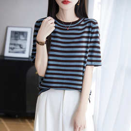 韩版莱赛尔洋气条纹拼色圆领短袖羊毛T恤女2025夏季新款宽松上衣