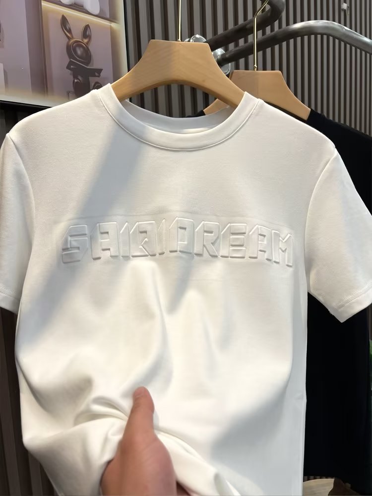 T-shirt jeune col rond, Instagram quotidien, marque tendance lettres et chiffres, texte d'été, manches 5/4, standard pour hommes_voghion.com