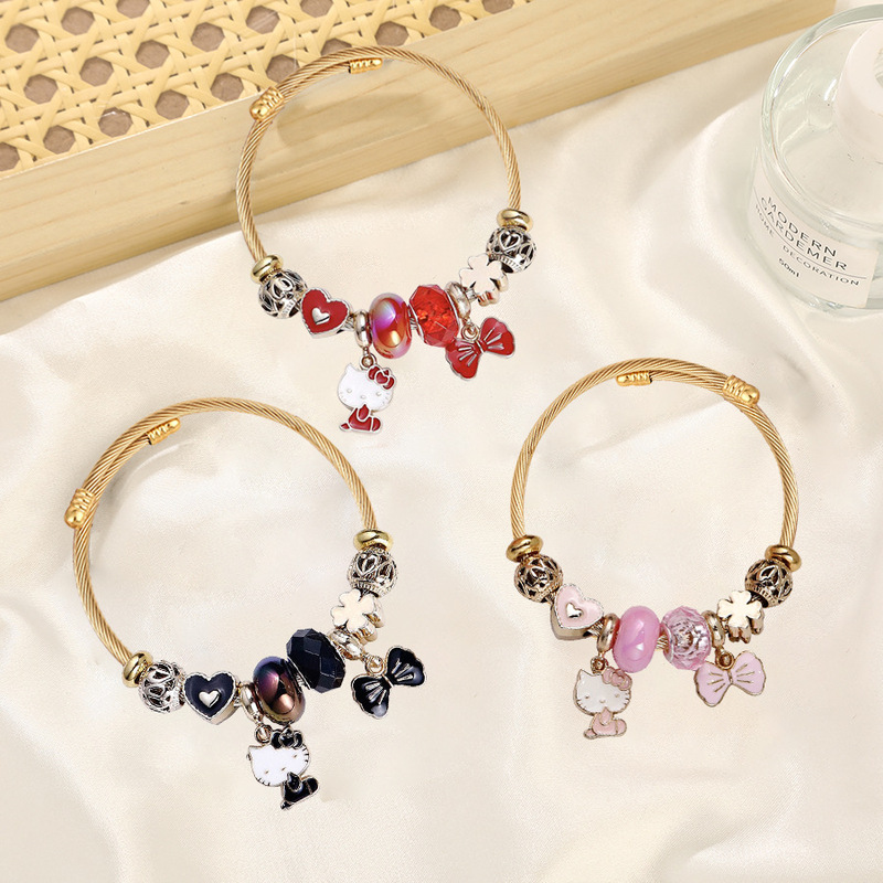 Cross-Border Hello Kitty Stainless Steel Bracelet for Girls, Student Cartoon Kitty Cat Pendant Bracelet Jewelry