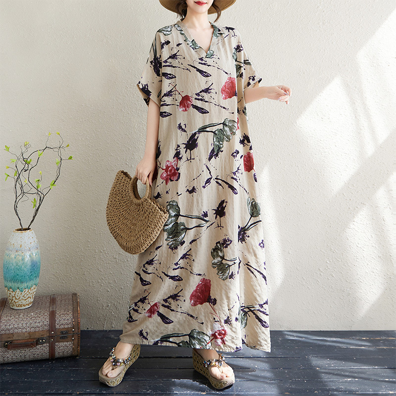 Summer Japanese and Korean New Large Size Loose Artistic Simple Beach Dress Retro Flesh-Covering Slimming Dress Long Robe Summer Japanese and Korean New Large Size Loose Artistic Simple Beach Dress Retro Flesh-Covering Slimming Dress Long Robe