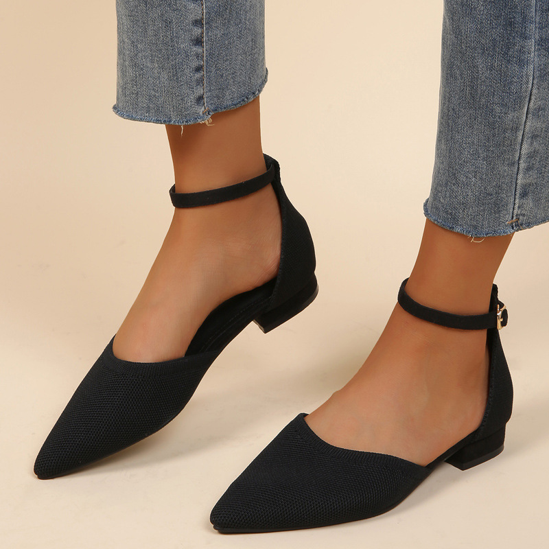 Half top women's single shoes pointed flying fabric hollow buckle low heel fashion shoes_voghion.com