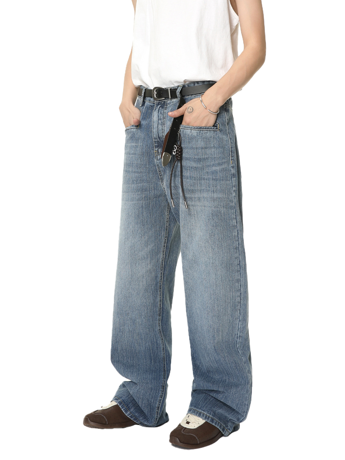 MTLCLOTHES Hombres| Diseño de personalidad coreano anti-bolsillo de moda blanco lavado jeans de estilo recto