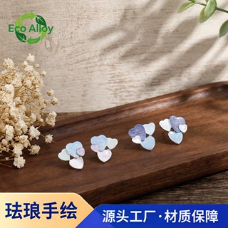 跨境错落爱心珐琅彩耳钉欧美风心形拼接设计通勤百搭轻奢爆款耳饰