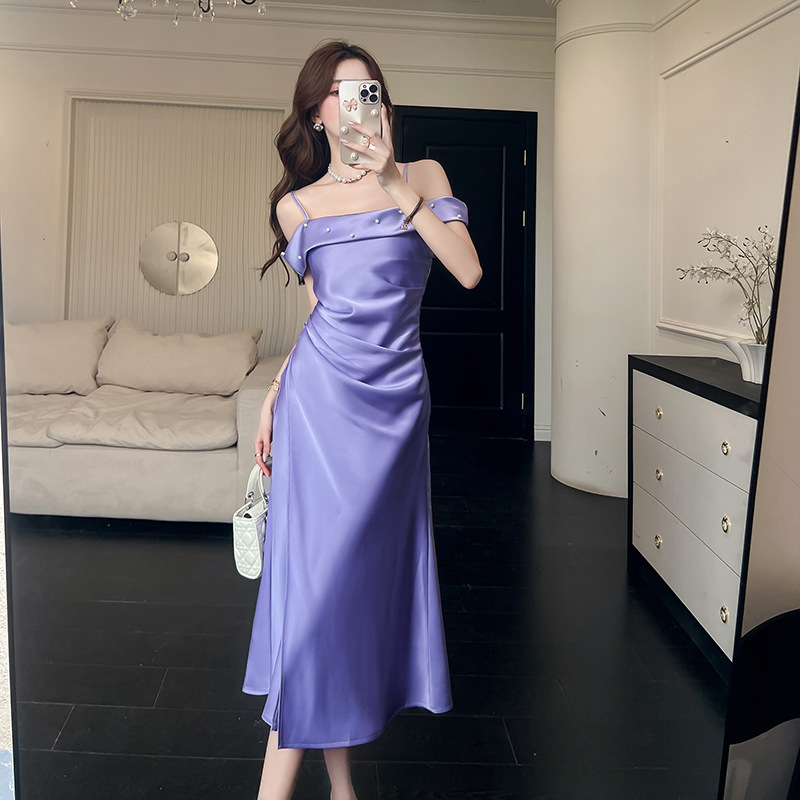 French One-Shoulder Beaded Dress for Women 2025 Summer New Style Long Slim Slim Sexy Satin Suspender Skirt French One-Shoulder Beaded Dress for Women 2025 Summer New Style Long Slim Slim Sexy Satin Suspender Skirt