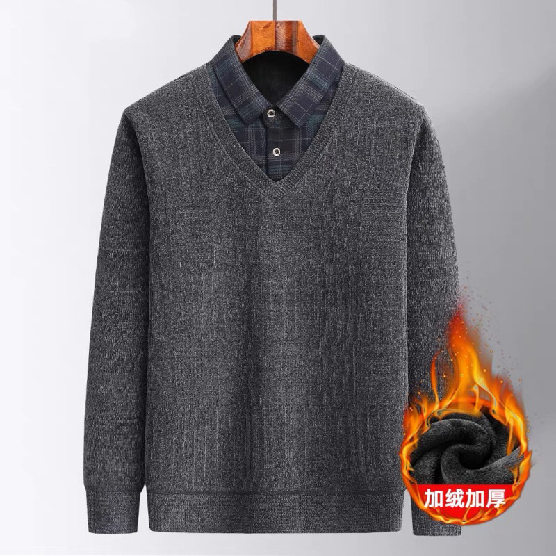fleece-lined Warm Sweater Fake Two-piece T-shirt Middle-aged and Elderly Men's Fashionable Dad Winter New Casual Thickened Base Shirt