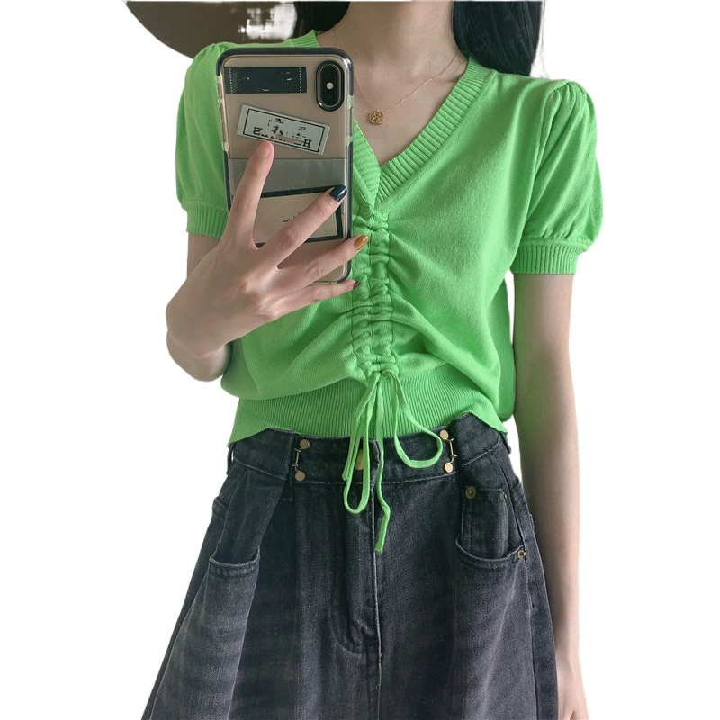 Knitted sweater, T-shirt, drawstring, puff sleeves