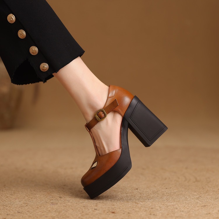 Sandal nữ đế xuồng platform gót vuông phong cách vintage khóa kim loại — màu nâu, màu đen chi tiết 57