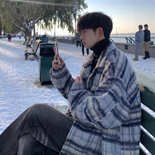 小香风毛呢格子外套男秋冬日系复古翻领呢子大衣韩版潮流风衣夹克