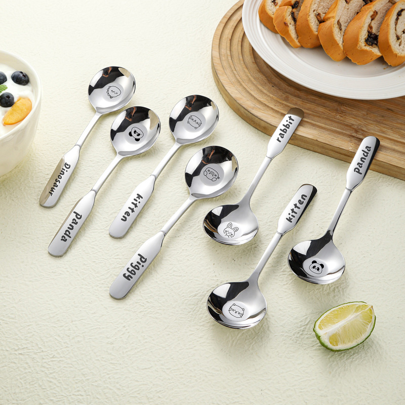 18/10 Spoon 304 Stainless Steel Flats Bottom Round Spoon Household Spoon Dessert Eating Spoon Cute Cartoon Spoon