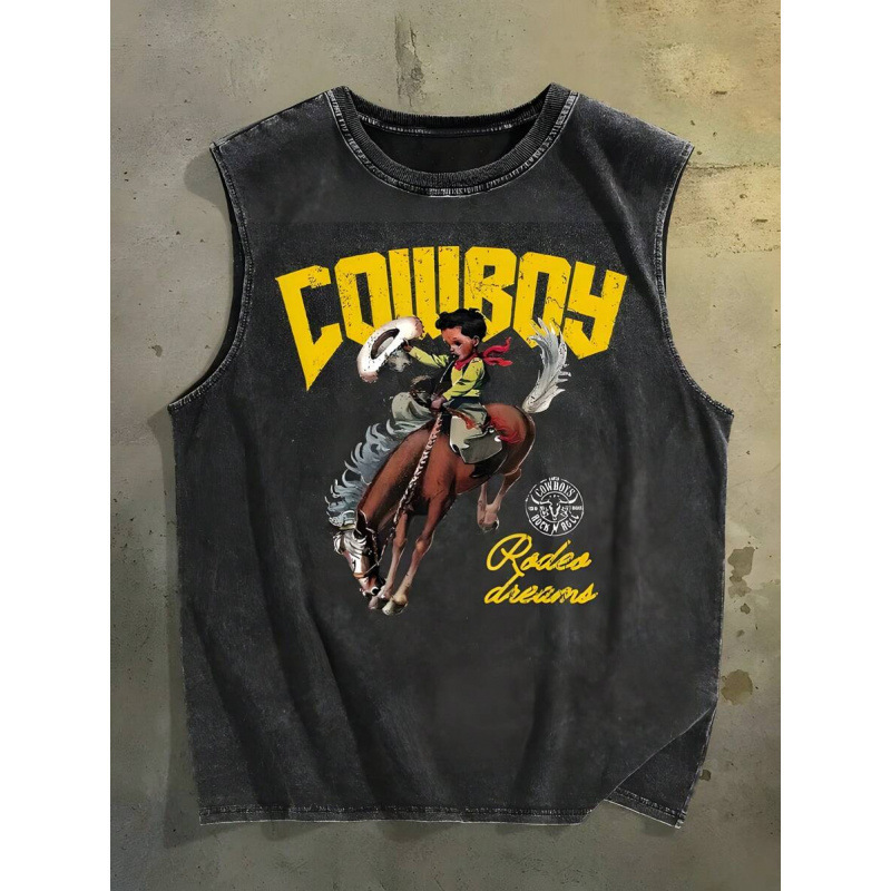 230g European Size Stern Model! Sleeveless T-Shirt Cowboy Riding Pattern 230g European Size Stern Model! Sleeveless T-Shirt Cowboy Riding Pattern