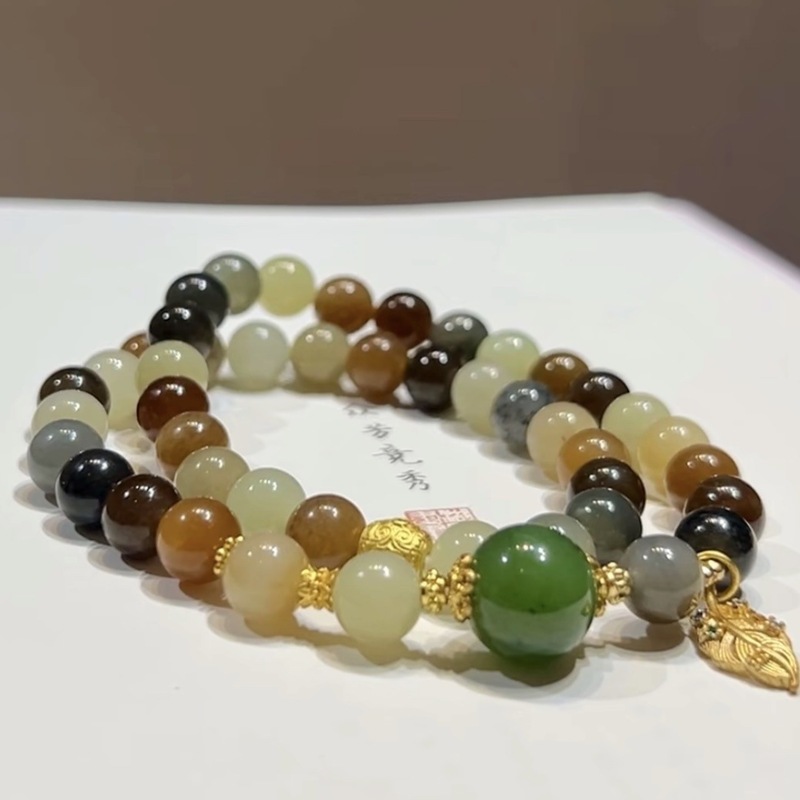 和田玉楼兰三色设计款卡8mm设计款圆珠双圈手串百搭高级感工厂|undefined