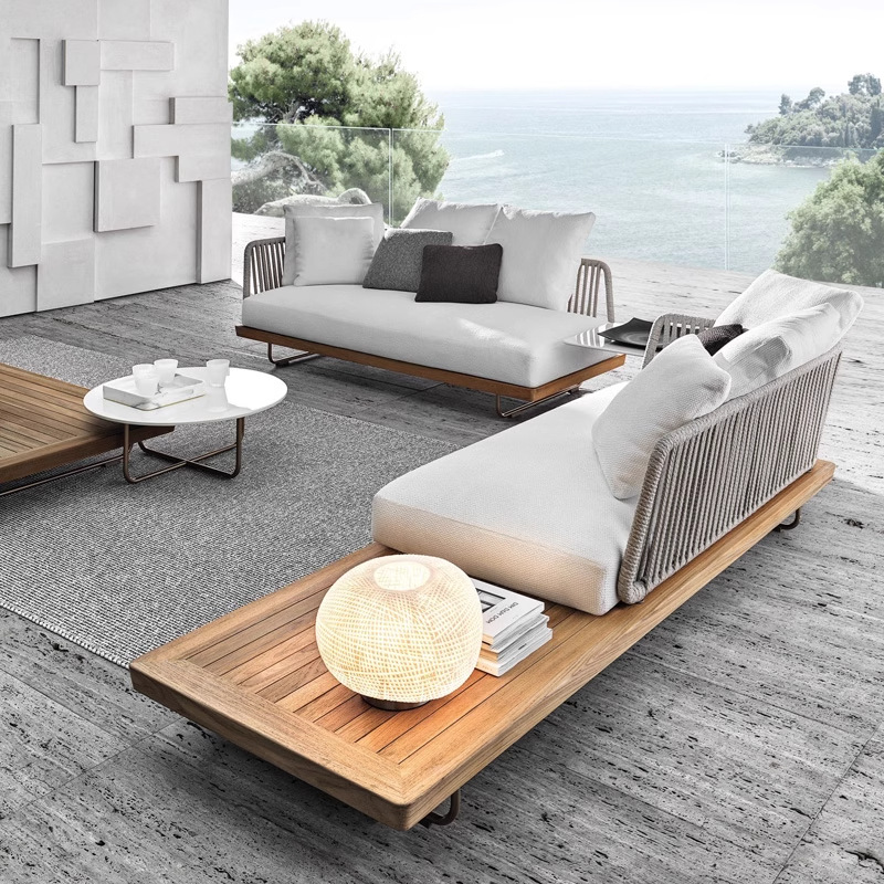 Muebles de ocio al aire libre nórdicos patio balcón al aire libre jardín al aire libre impermeable solar madera maciza sofá de caña combinación