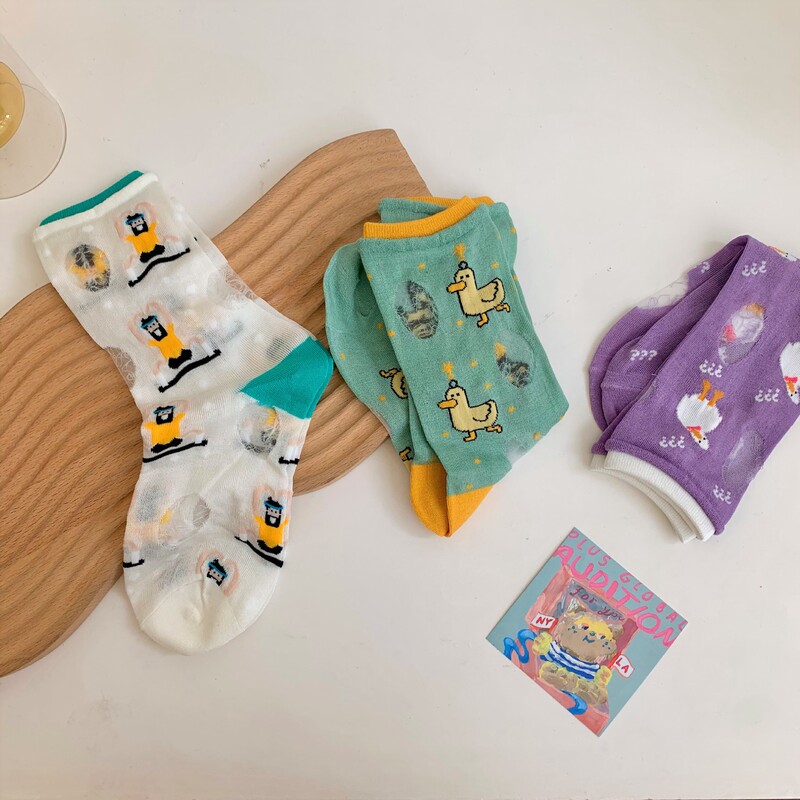 Women's Spring and Summer Cartoon Glass Silk Socks with Duck and Goose Animal Jacquard Pattern, Mid-Calf Slouch Socks, Crystal Silk Casual Socks