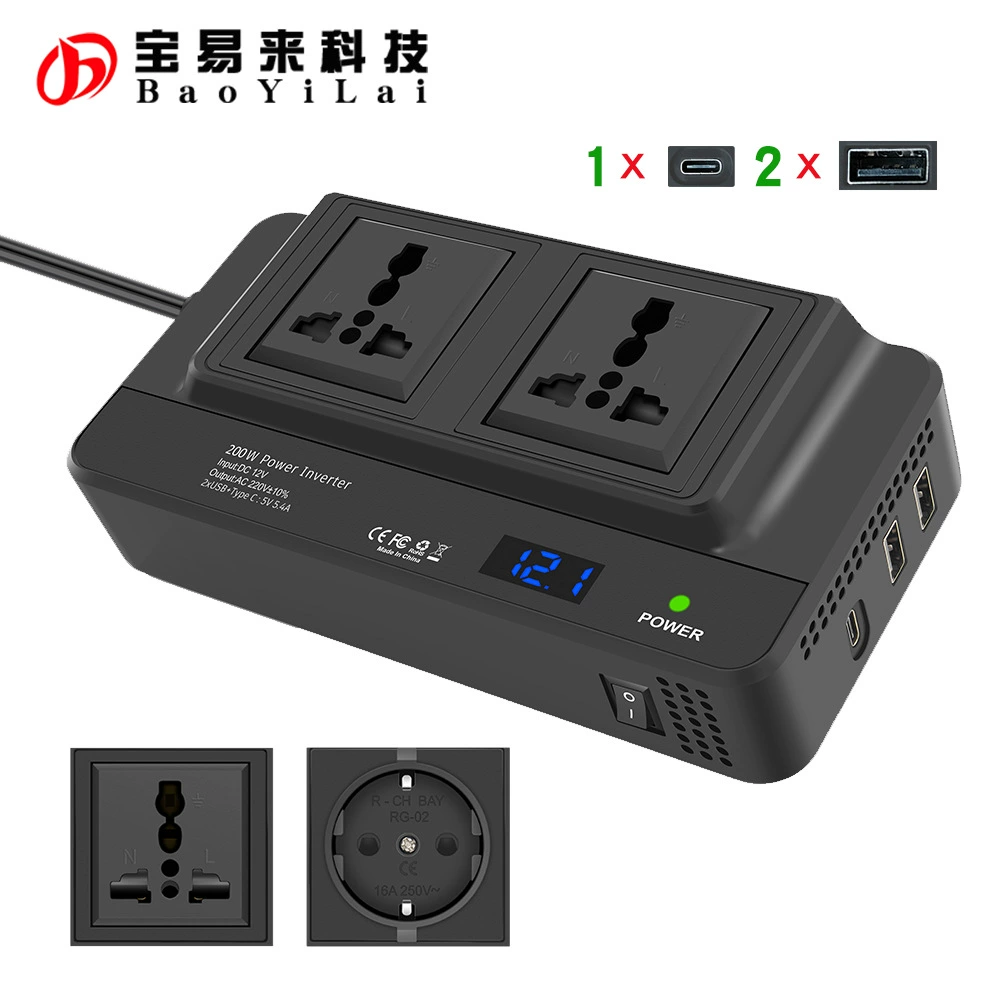 Автомобильный инвертор 200 Вт с быстрой зарядкой Type-C PD, многофункциональный, 12 В