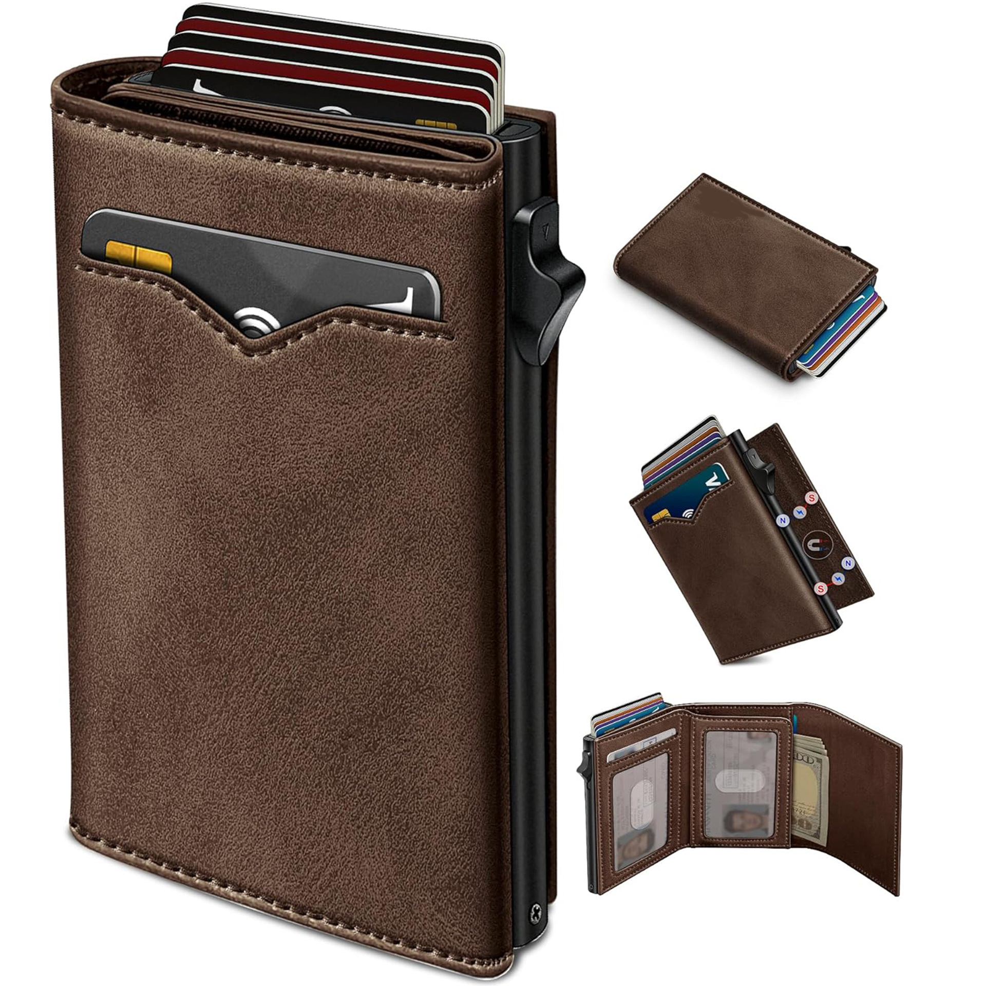 Cartera de tres pliegues multifunción transfronteriza para hombre RFID cepillo antirrobo billetera vertical posición de tarjeta de varias tarjetas billetera de cuero de cera de aceite