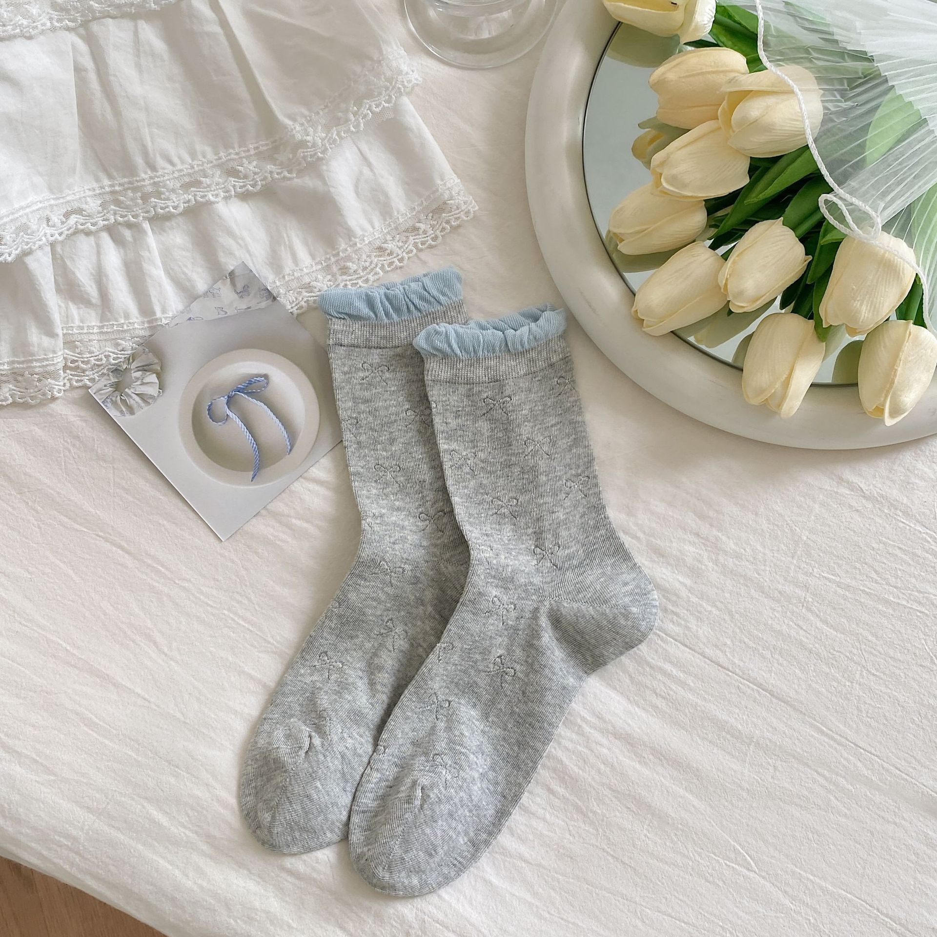 Calcetines sin huesos para niños Calcetines de tubo hueco fino de verano con lazo Calcetines de mujer estilo ballet con boca de burbuja Calcetines de pila de encaje
