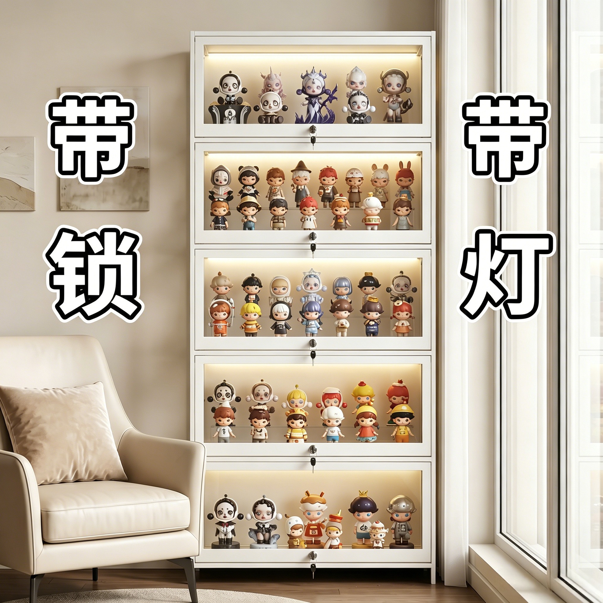 Lighted Figure Display Cabinet with Lock, Household Dust-Proof Acrylic Transparent Doll Model Toy Blind Box Storage Box