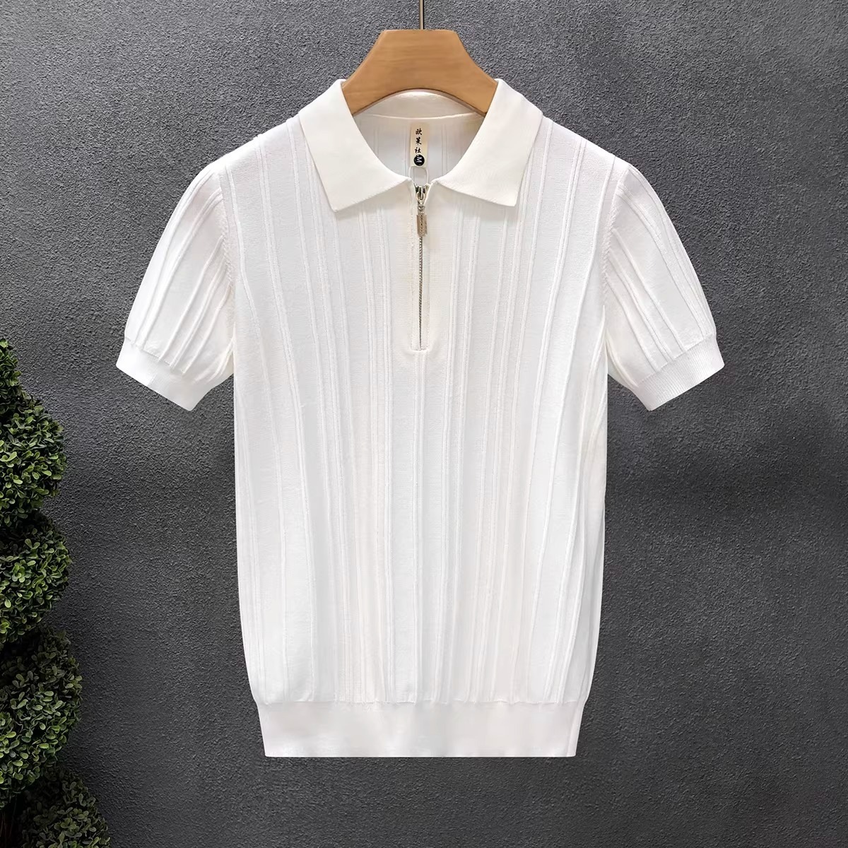Herren Halb-reißverschluss Strickpolo Kurzarm Eisseide Top_voghion.com