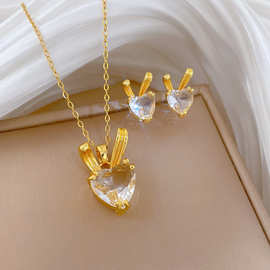 【钛钢】弯耳兔玻璃套装轻奢气质华丽满钻项链女百搭锁骨钛钢链