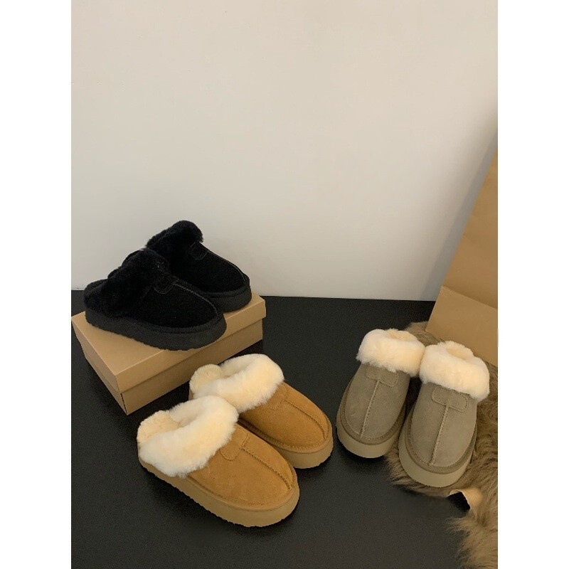 Thick-Soled Slippers for Women's Outer Wear, New Winter Baotou Furry Slippers, Plus Velvet Snow Boots, Brown Khaki