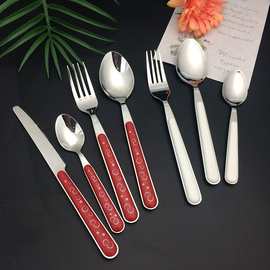 不锈钢餐具塑料夹柄餐具家用塑料柄刀叉勺日韩简约餐具