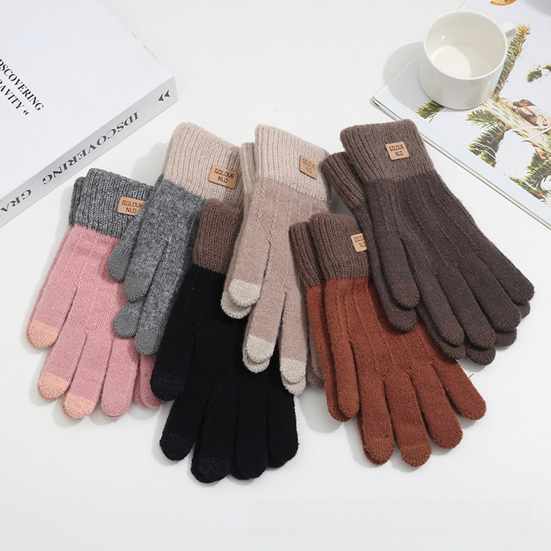 Alpaca wool knitted touch screen gloves women's full-finger warm padded velvet lovers gloves Korean winter riding gloves_maomaolike.com