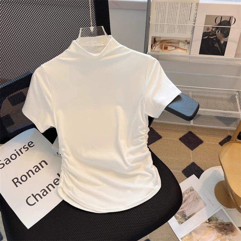 여성용 하프 터틀넥 오른쪽 어깨 반팔 티셔츠, 디자인 웨이스트 플리츠 쇼트 탑, 화이트 바텀 셔츠, 여름 이너웨어