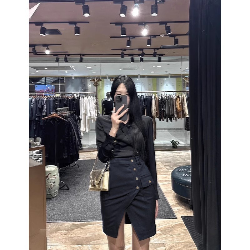 现货设计师西装领显瘦长袖衬衣上衣斜排扣开叉包臀半身裙短套装秋|undefined