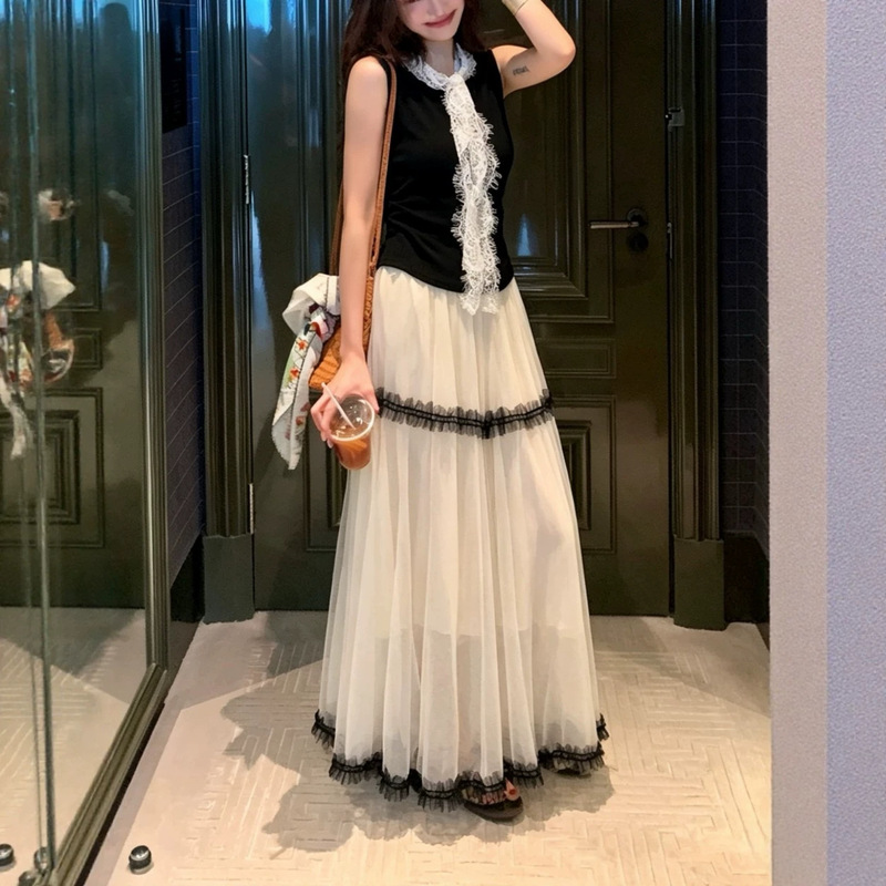 Lace Ribbon Top, Mesh Fluffy High-Waisted Skirt Set, Women's Summer Elegant and Sweet Slimming Two-Piece Set