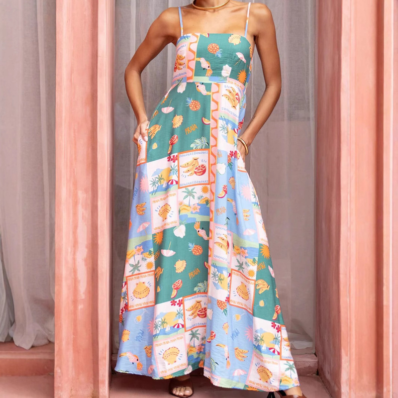 Cross-border New Summer Tropical Printed Bohemian Pocket Swing dress Seaside Holiday Beach Sling Long Dress