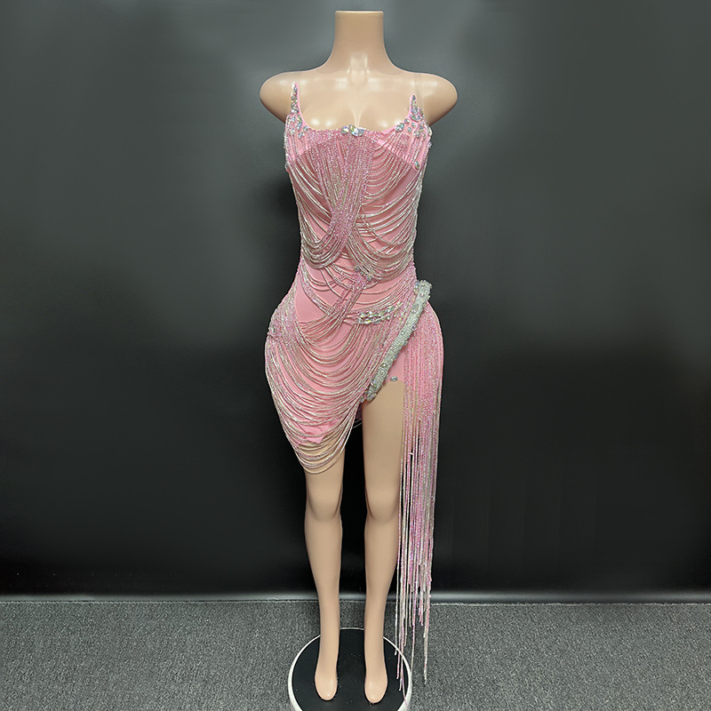 High-end Sexy Slim-fit sheath ultra-short silver tassel bar stage performance dress party host skirt