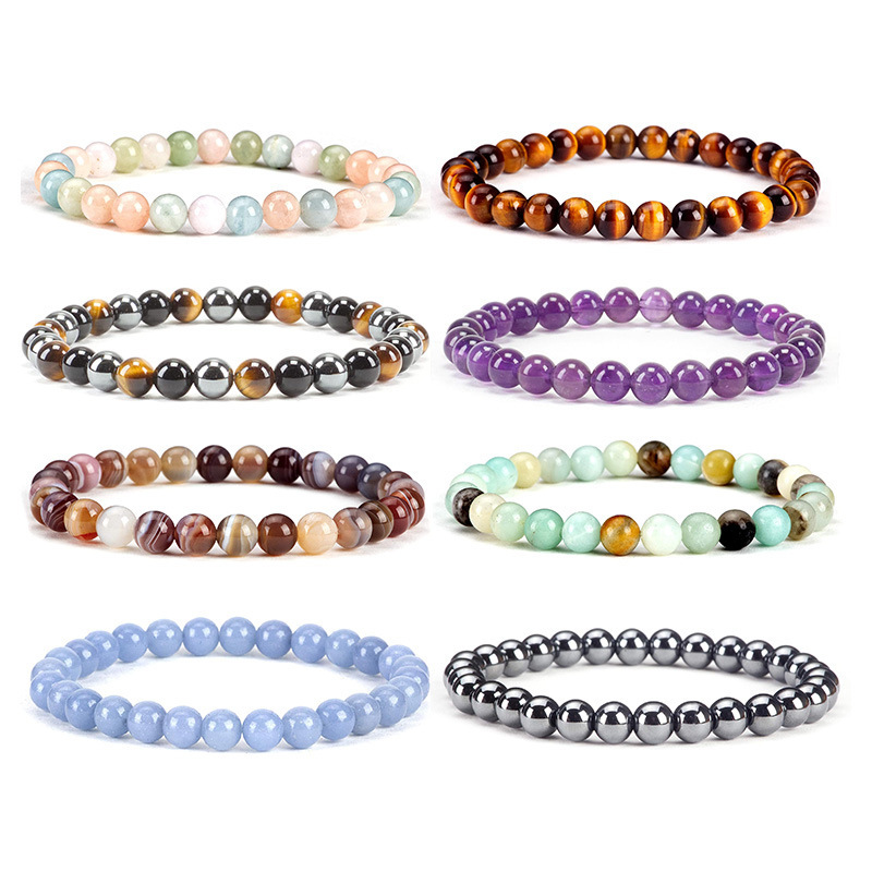 Cross-border men's and women's 6mm round bead bracelet agate stone elastic bracelet crystal stone tiger's eye stone lovers bracelet gift