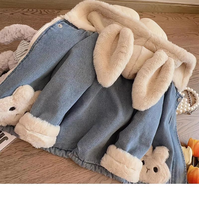 Niñas con chaqueta de vaqueros encapuchados de lana de invierno 2025 nuevo bebé grueso abrigo de algodón caliente chaqueta de algodón de niña