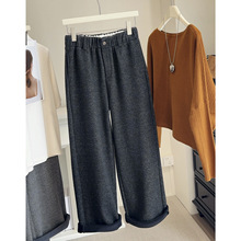 加绒加厚一粒扣松紧腰阔腿毛呢裤女冬2025新款高腰显瘦直筒休闲裤