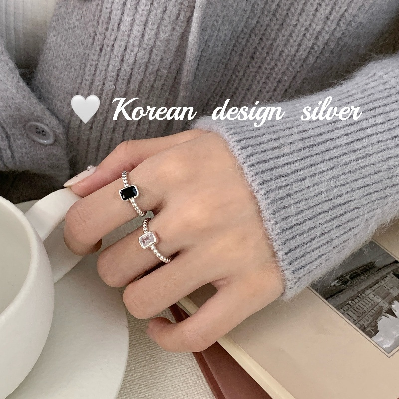 韓國小眾ins風設計飾品  S925純銀方形鋯石戒指 開口可調節指環女