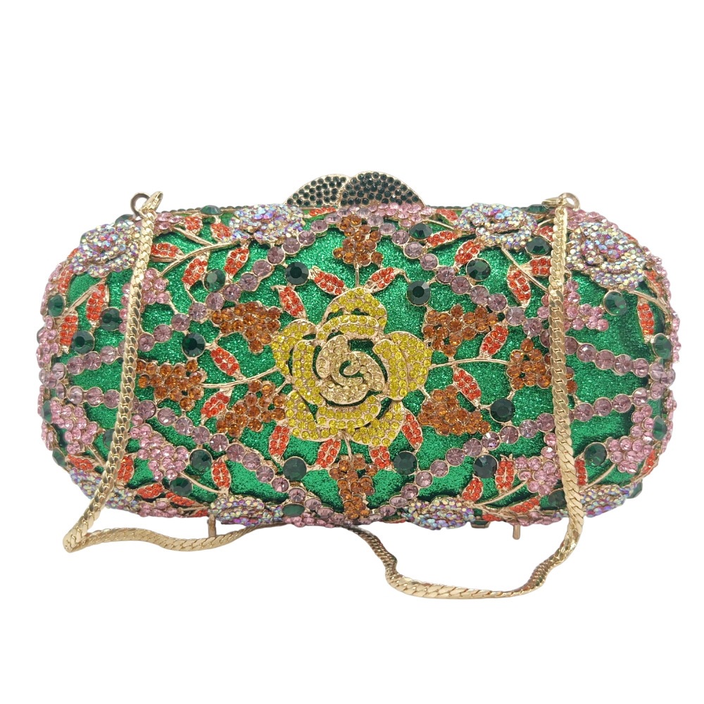 Clutch cross-border nuevo paquete de diamantes de flores caja metálica hueca caja dura de diamantes bolsas de mano de mujer