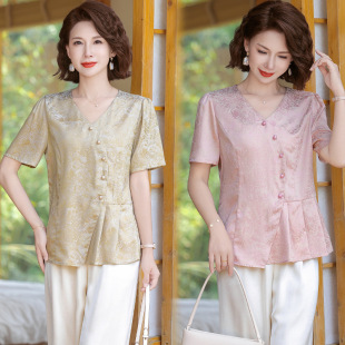 Mom's Summer Clothing, Chinese Style Short-Sleeved Shirt, 2025 New Style, Middle-Aged and Elderly Women's Clothing, Fashionable and Age-Reducing New Chinese Style Shirt