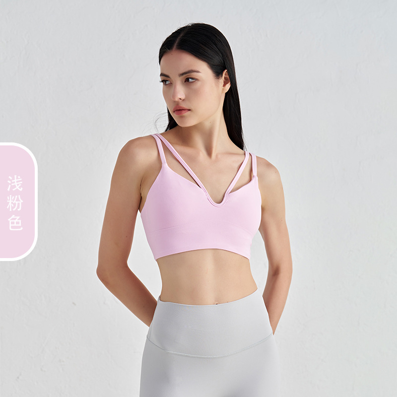 Desnudo con cuello en V, doble cabestrillo, chaleco de yoga, almohadilla para el pecho, tirantes finos, ropa interior deportiva, sujetador de fitness para mujer, hermosa espalda