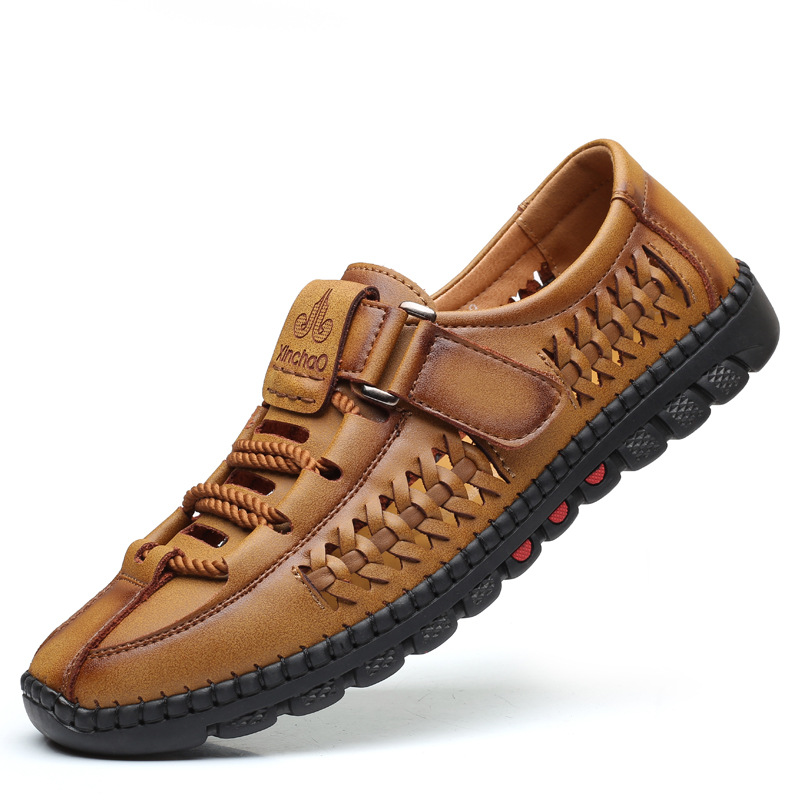 Sandalias de verano para hombre, zapatos casuales de cuero hechos a mano, zuecos transpirables huecos, zapatos comerciales para hombre, zapatos de exterior para hombre de mediana edad