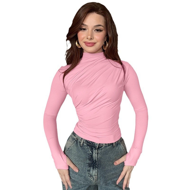 Transfronterizos Europa y América ropa de mujer otoño nuevo color sólido delgado de manga larga top top top sexy camiseta apertada plegable