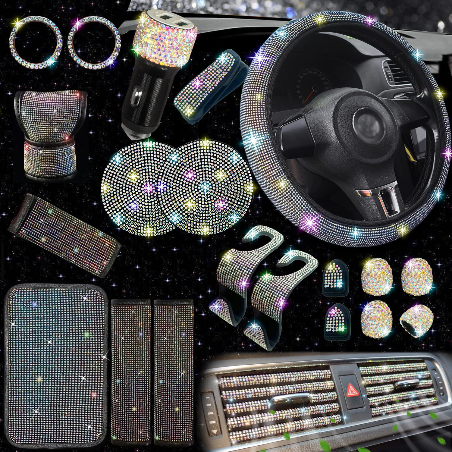 Cross-border foreign trade auto parts 30 pieces of rhinestone suit car steering wheel cover safety belt cover electric charging air outlet strip