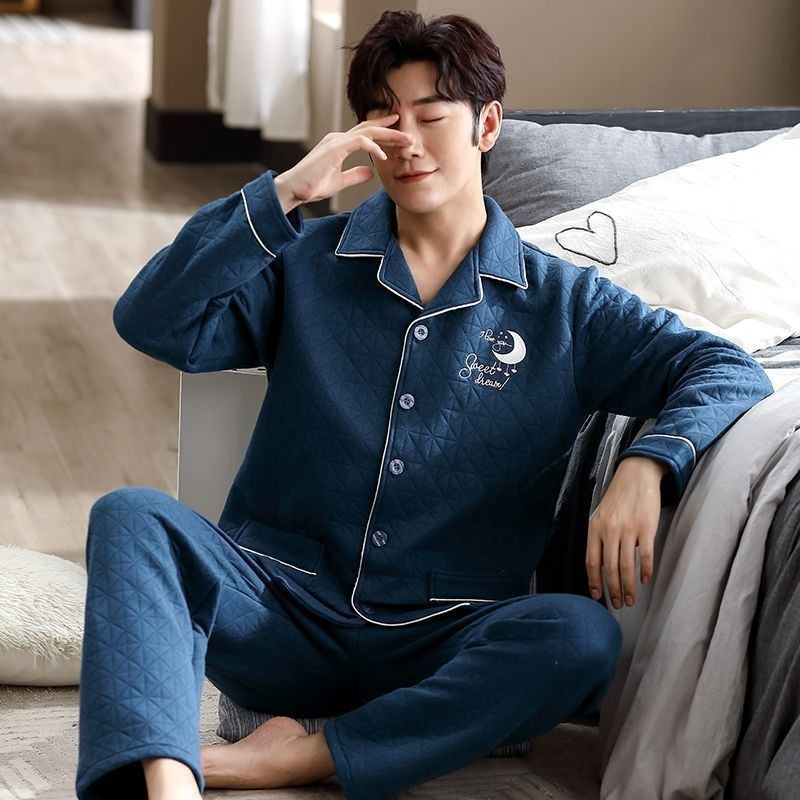 Lujo ligero invierno de invierno de algodón de mediana edad aire de algodón intercalado pijama de hombre conjunto de ropa para el hogar