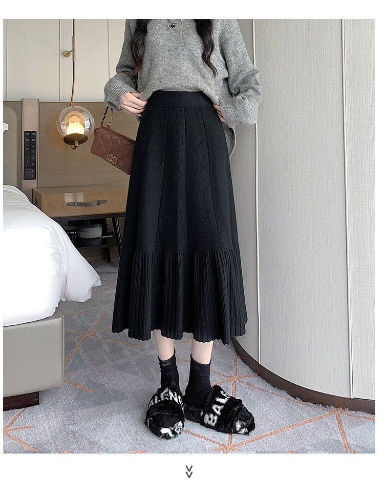 Pleated Knitted Skirt Women'S Autumn And Winter New Fashion High Waist Korean Version Casual And Thin Big Swing Skirt A-Shaped Skirt Umbrella Skirt 37 Undefined