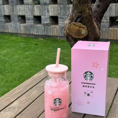 现货星爸爸新款玻璃杯随行杯可爱猫爪吸管杯樱花杯