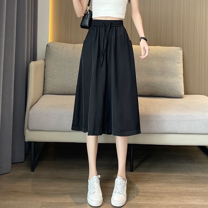 Acetate Ice Silk Wide-Leg Pants for Women, Summer Thin Satin High-Waisted Drapey A-Line Slimming Casual Loose Cropped Skirt Pants