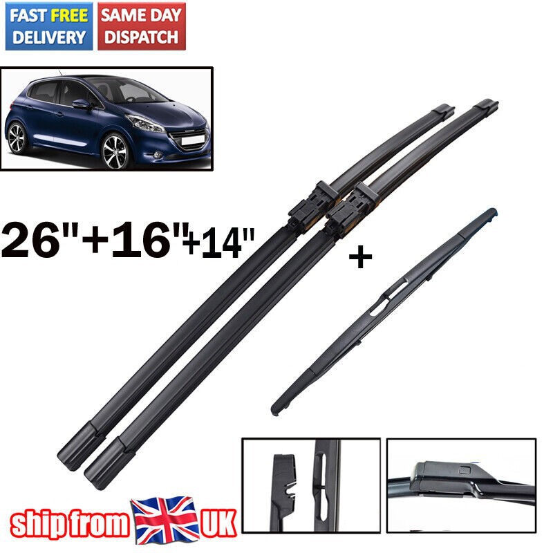 For Peugeot 208 12-18 Front Rear Windshield Flat Air Wiper Blade 26+16+14