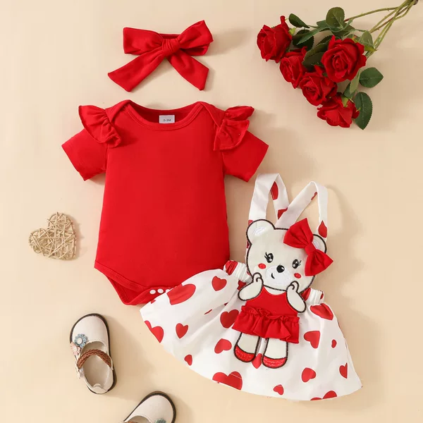 Amazon Sweet Cute Cartoon Bear Love Baby Girl Solid Color Short Sleeve Top Strap Dress Hair Strap Summer Dress Set